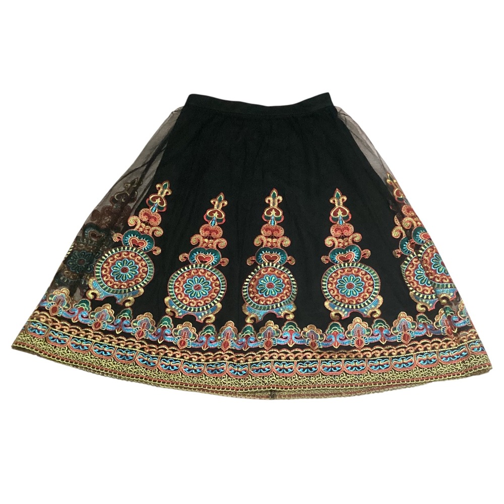 Forever 21 Black Mesh Embroidered Boho Medallion A-Line Skirt Small